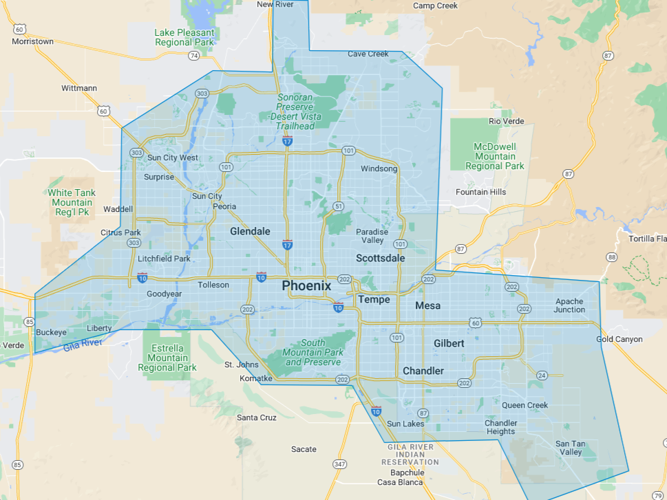 Our Service Area: Queen Creek, San Tan Valley, Chandler, Gilbert, Mesa, Tempe, Phoenix, Scottsdale, Paradise Valley, Anthem, Apache Junction, Buckeye, Goodyear, Surprise, Peoria, Sun City Arizona.